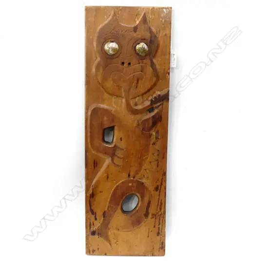 TANIWHA CARVED WOODEN MAORI PANEL 'INTIALLED R.V.F. VERSO) 580x190mm