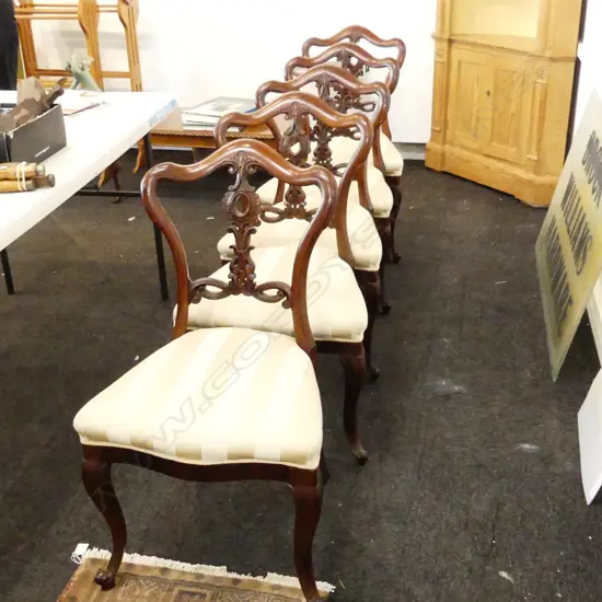 5 VICTORIAN ROSEWOOD DINING CHAIRS, CREAM STRIPE UPHOSTERY