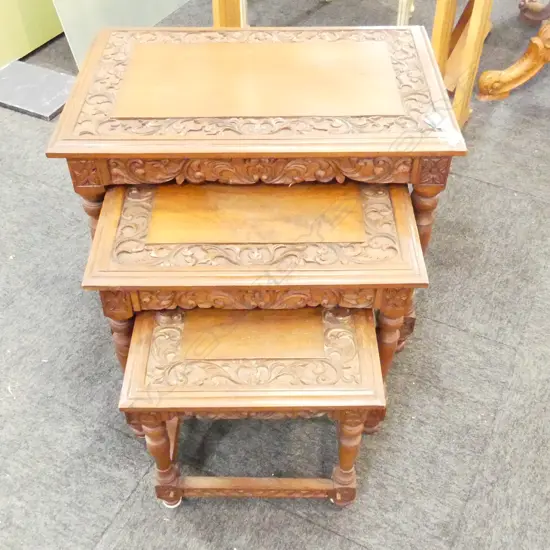 3 CARVED WOODEN NESTING TABLES 610x395x500mm