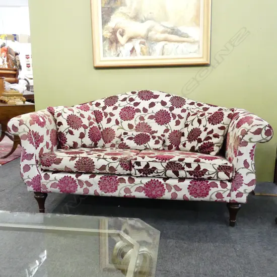 CAMEL BACK SOFA IN RED FLORAL UPHOLSTERY 1800x850x850mm