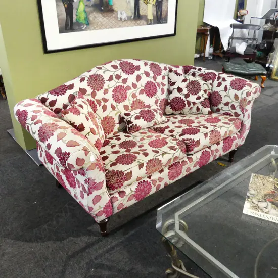 CAMEL BACK SOFA IN RED FLORAL UPHOLSTERY 1800x850x850mm