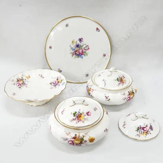 4 PCES CHINA; PR RCD DERBY POSIES TUREENS (EXTRA LID) + COMPORT 265mm dia + GERMAN CAKE PLATE 325mm dia