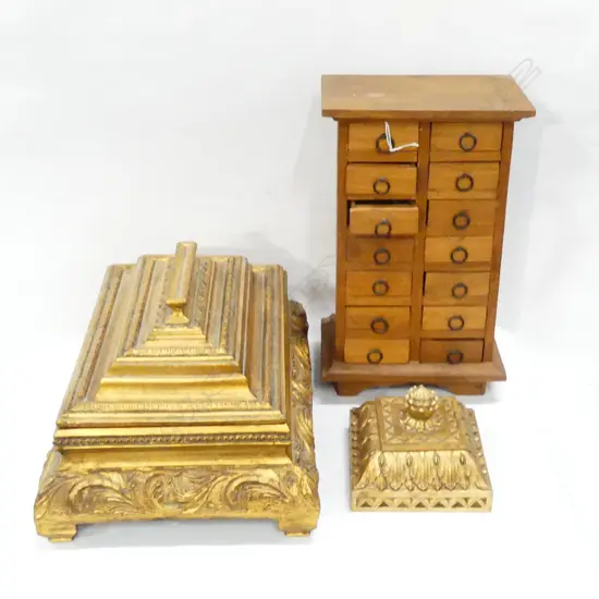 2 GILDED BOXES 130x130, 345x250mm + MINI WOODEN CHEST OF 14 DRAWERS H.330mm