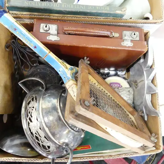 BOX LOT ASST. LEATHER CASE, CLOCKS, TENNIS RACKET ETC