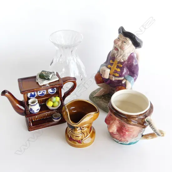 SMALL BOX 3 CHARACTER JUGS CRYSTAL VASE & TEAPOT 