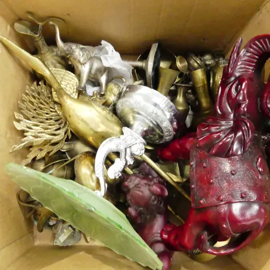 BOX LOT ASST. BRASS PCES, RED RESIN ELEPHANT & FOO DOG, COMPORT