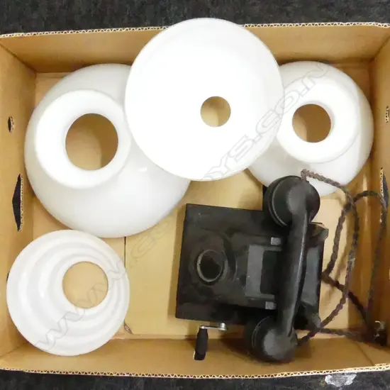 BOX LOT DIAL PHONE & 4 WHITE GLASS LIGHT SHADES