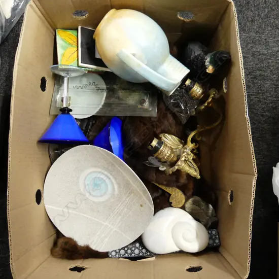 BOX LOT ASST.; CERAMICS, FUR, GOLD SCONCE, ETC