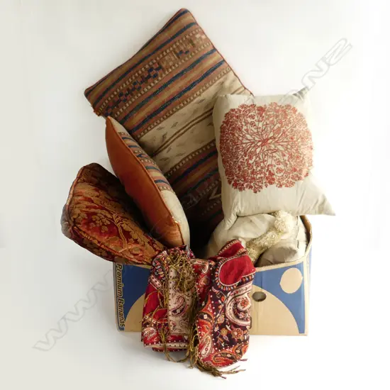 BOX OF ANTIQUE KELIM CUSHIONS & PALISY TEXTILE ETC