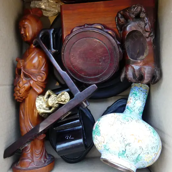 BOX LOT ASST. ORIENTAL WOODEN STANDS, FIGURE ETC