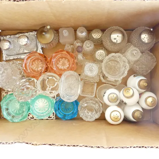 BOX ASST VINTAGE GLASS S&P SHAKERS, COLOURED GLASS SALTS ETC...