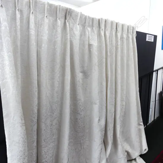 PR WHITE BROCADE CURTAINS EX GRACIOUS LIVING EACH W. 1.75M, 2.4M DROP - MINOR MARKS