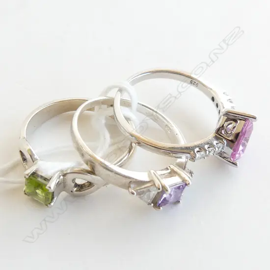3 925 SILVER RINGS; PINK HEART, PURPLE & GREEN STONES