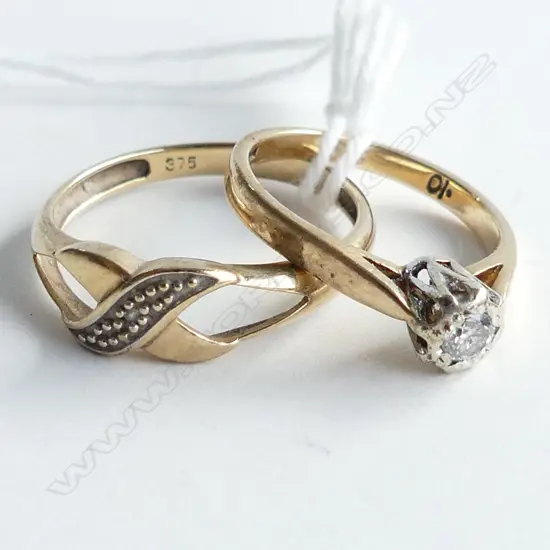 2 9CT RINGS ONE WITH DIAMOND 2.9 GRAMS SIZE  H & N