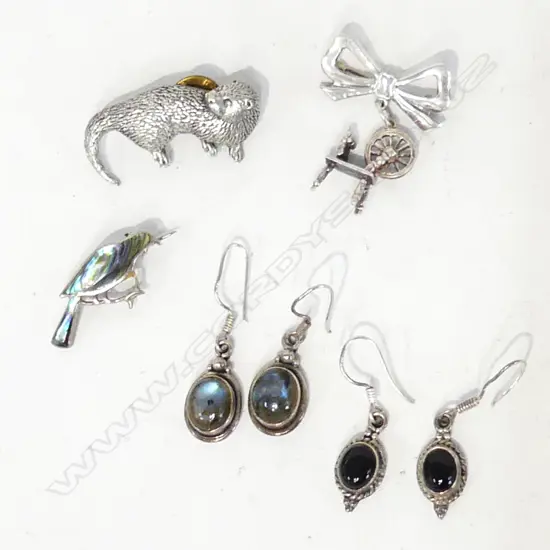 3 ASST STG SILVER BROOCHES; PAUA SHELL BIRD, POSSUM (?) &#x2B; 1 OTHER &amp; 2 PRS STG SILVER &amp; GEMSTONE DROP EARRINGS 