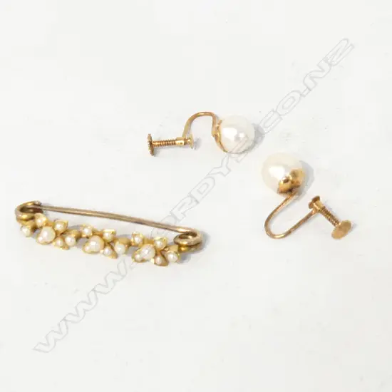 PR 9CT GOLD PEARL EARINGS &amp; BROOCH 4.5 GRAMS