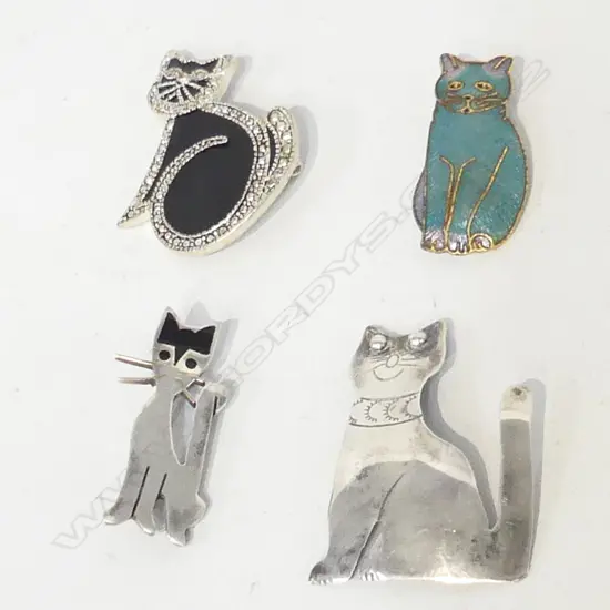 4 ASST CAT BROOCHES; 2 STG SILVER, 1 MARCASITE &amp; ENAMEL &amp; 1 BLUE ENAMEL 