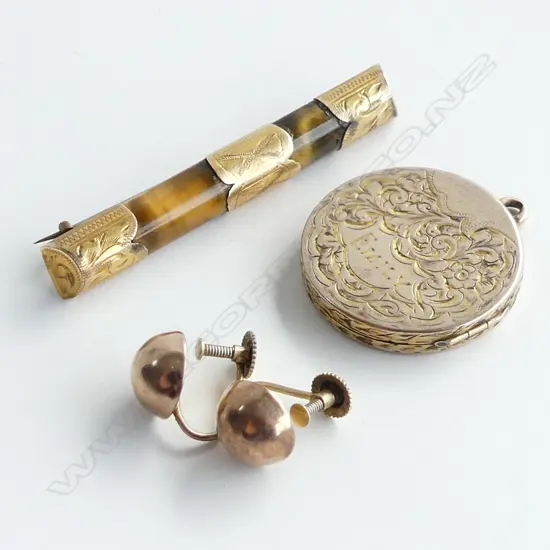 PR 9CT EARRINGS 2.2 GRAMS, GOLD? &amp; TIGERS EYE BAR BROOCH, GP LOCKET