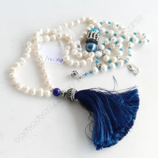 BAROQUE PEARL NECKLACE w. BLUE TASSEL L.510mm