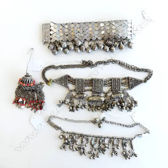 OLD MIDDLE EASTERN LOW GRADE SILVER ? .  TWO NECKLACES BRACELET AND EARRING WITH CORAL COLORED BEADS. 