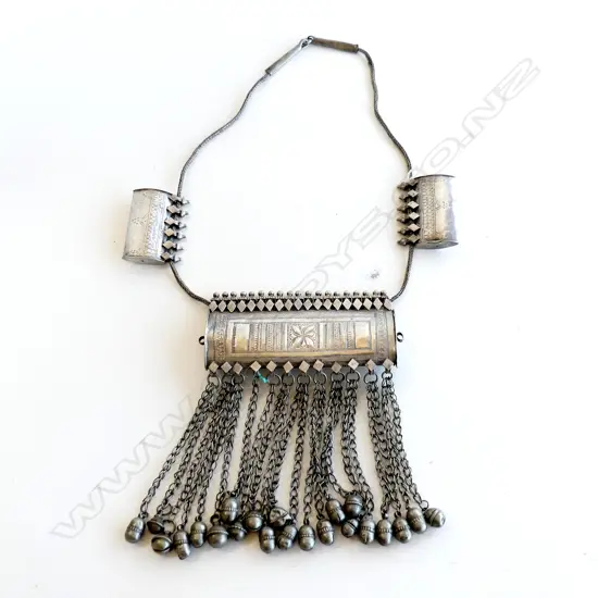 OLD MIDDLE EASTERN LOW GRADE SILVER ? LGE NECKLACE w long tassel bell fringe to the lgest compartment 