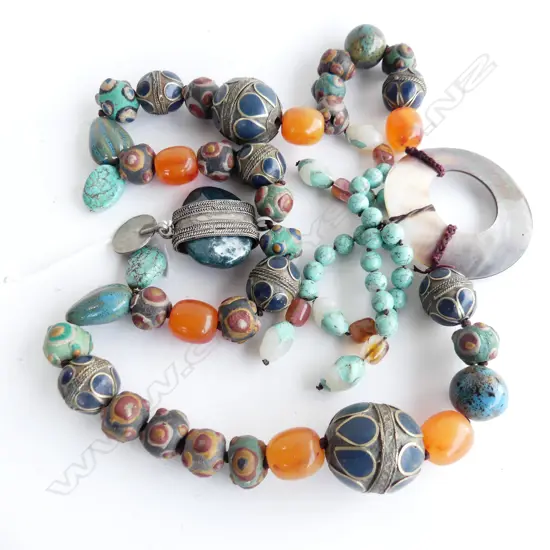 LONG DECORATIVE BEADED NECKLACE; ASST. MATERIALS INCL. TURQUOISE? &amp; MoP DISK L.880mm
