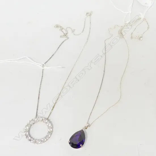 2 925 SILVER PENDANT NECKLACES; PEAR CUT AMETHYST &amp; CZ CIRCLE
