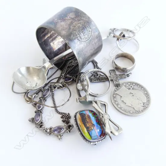 ASST SILVER JEWELLERY ETC. 5 RINGS + NECKLACE + butterfly wing brooch + s/plate napkin ring etc