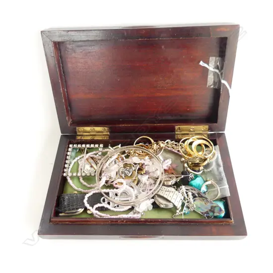 CARVED WOODEN BOX w. ASST COSTUME JEWELRY; 2 STG BANGLES & PENDANT ETC