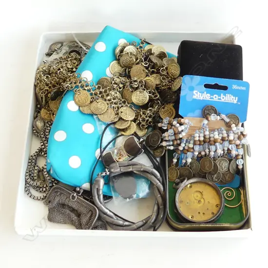 COLLECTION VINTAGE JEWELLERY. SILVER + COIN SET PCES + S/PLATE ETC