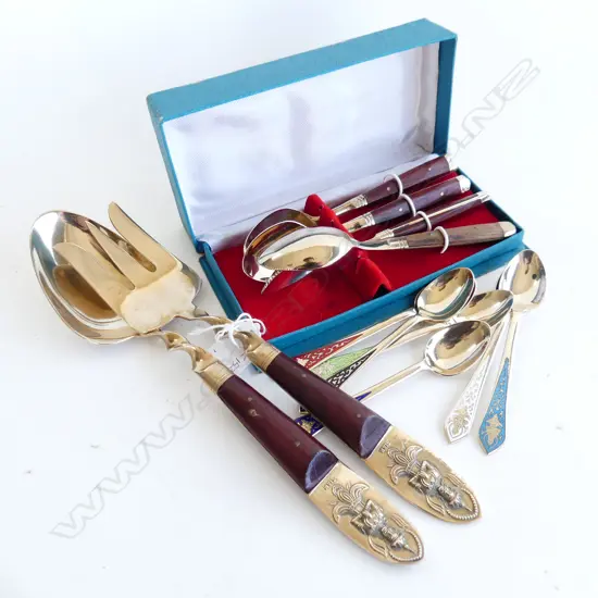 12 PCES THAI CUTLERY; 6 ENAMEL TEASPOONS, 4 CASED, 2 SERVERS