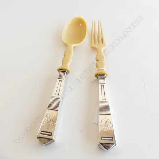 ART DECO 800 STERLING SILVER EUROPEAN SERVING SPOON & FORK L.250mm