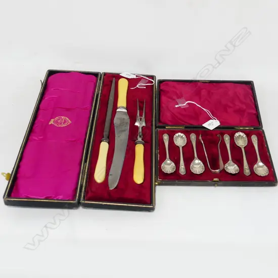 VINTAGE 3 PC CASED BONE HANDLE CARVING SET + SUGAR TONGS & 6 SHELL SHAPED TEASPOON SET, CASED (SUGAR TONGS A/F