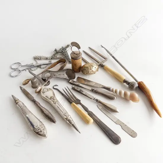 BAG ASST DOMESTIC ITEMS INCL STG PENS, SUGAR TONGS, THIMBLES ETC..