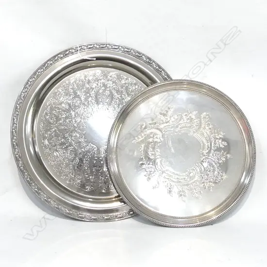 2 SILVER PLATE TRAYS; SHERWOOD, DIA 310mm & 1 OTHER, DIA 380mm