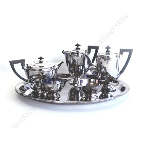 DECO 6 PIECE SILVER PLATED COFFEE TEA SERVICE ON TRAY. Engraved dedication for 1939. Tray W. 510mm coffee pot H. 200mm.