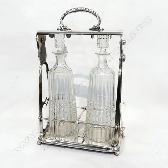 VINTAGE TANTALUS, 2 GLASS DECANTERS, WITH KEY (faults)