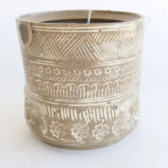 OLD JAPANESE POTTERY JAR impressed banded decoration w recessed white glaze no lid hair crack H.150mm.
