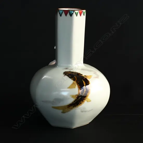 VINTAGE JAPANESE HEXAGONAL VASE celadon porcelain w carp signed H.170mm