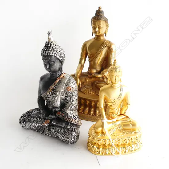 3 BUDDHA; BLACK RESIN, 2 GILDED METAL H.215mm