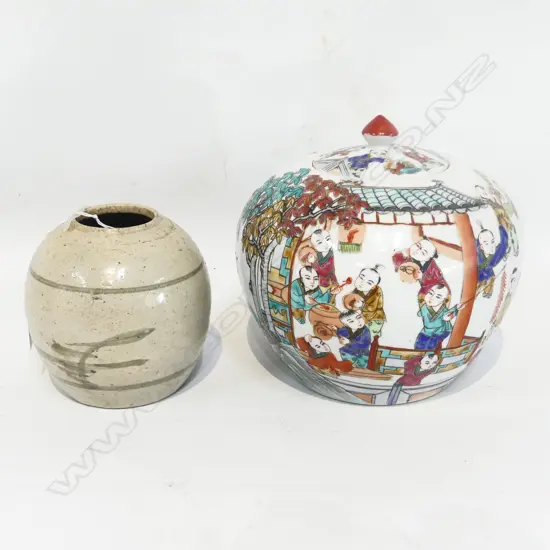 2 ASIAN POTS, ONE WITH LID & DECORATED WITH CHILDREN (H 200mm) + 1 OTHER H.150mm.