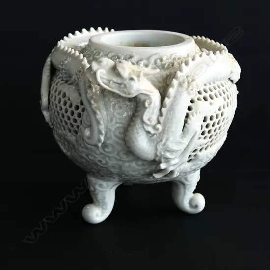 ANTIQUE CHINESE PALE FINE CELEDON PORCELAIN INCENSE BURNER 2 dragons faulted H.135mm
