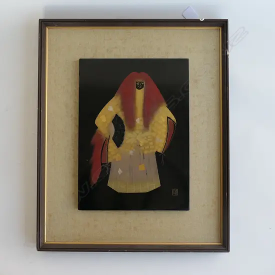 OLD JAPANESE LACQUERED PANEL KABUKI ACTOR in full costume painted gilded 335x245mm