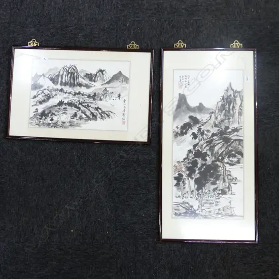 2 CHINESE FRAMED BRUSH PAINTINGS  RURAL MOUNTAINS  H850MM W425MM LARGEST