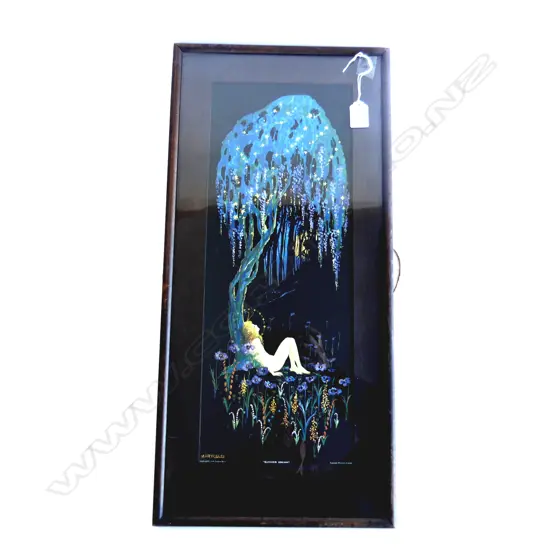 ART DECO &#x27; MARYGOLD &#x27; COLORED LITHOGRAPH. DEPICTS  WOMAN UNDER TREE IN THE MOONLIGHT. TITLED &#x27; SUMMER DREAM &#x27;. H. 500mm