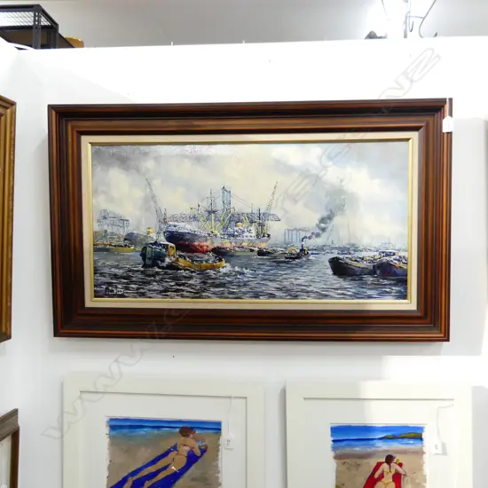 M. DE JONG, PORT w. BOATS, OIL ON CANVAS 390x790mm