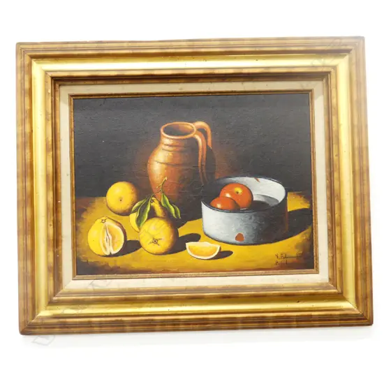 OIL PAINTING ON BOARD. STILL LIFE FRUIT AND JUG. EUROPEAN SIGNATURE. H.300 W.400mm