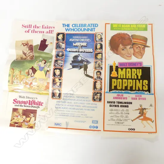 3 VINTAGE MOVIE BILL POSTERS: MARY POPPINS &#x2B; MURDER ON THE ORIENTAL EXPRESS &#x2B; SNOW WHITE L.760mm