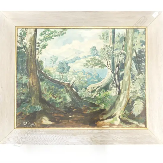 FRAMED OIL PAINTING OF FOREST SCENE SIGNED AND DATED R.F.POOLE 1953. H.630 W.800mm