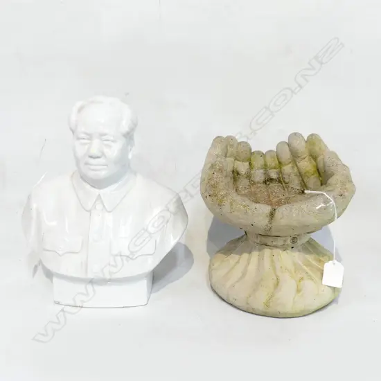 CERAMIC CHAIRMAN MAO BUST &#x2B; CONCRETE HANDS BIRD BATH W.200mm